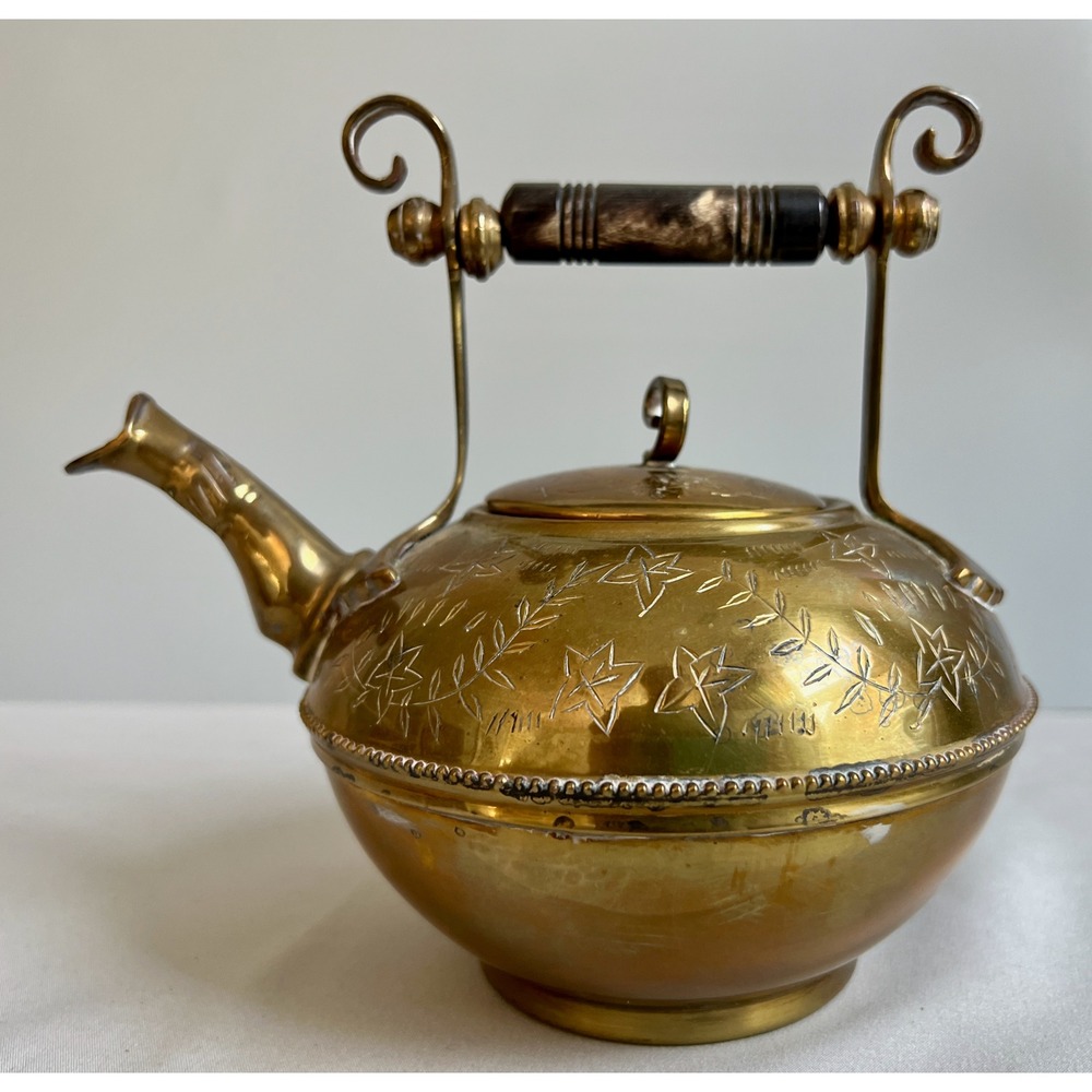 Vintage Mottahedeh Solid Brass Teapot Etched Floral Star Pattern Made in India